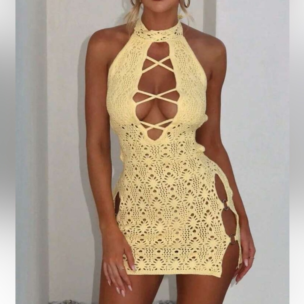 Yellow Crochet Halter Mini Dress